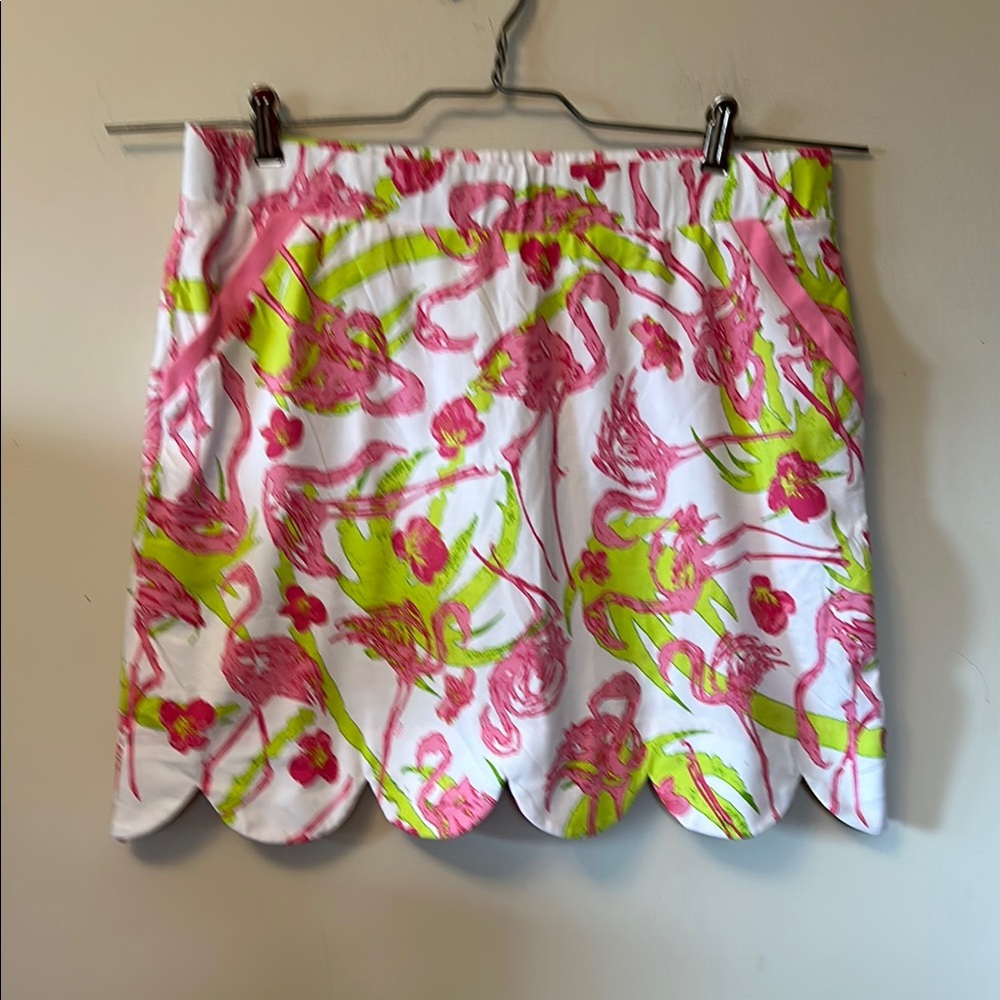Ana Clare pink/green flamingo print skort elastic waist scalloped bottom size L